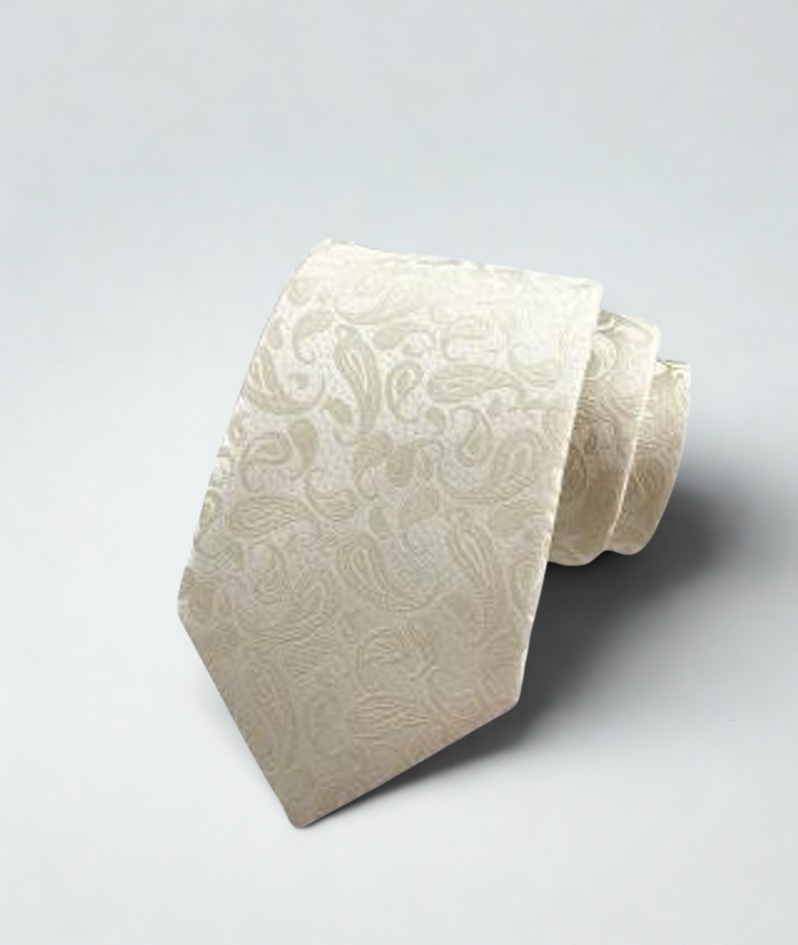 Beige paisley patterned tie on a light gray background