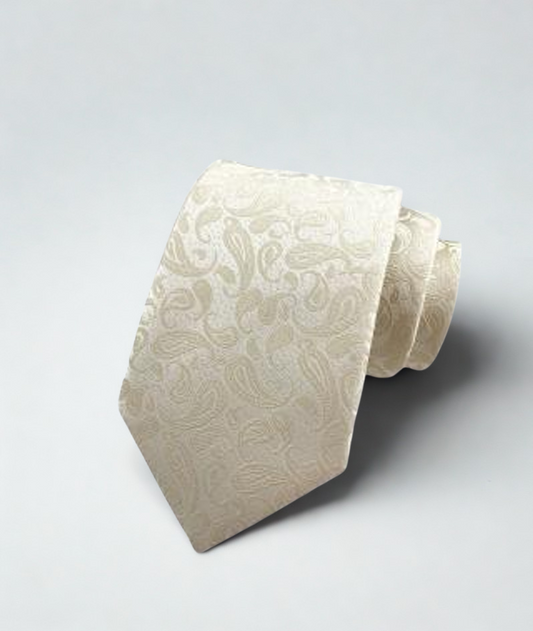 Beige paisley patterned tie on a light gray background