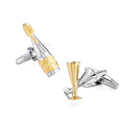 Champagne flute-shaped cufflinks in gold and silver on a white background