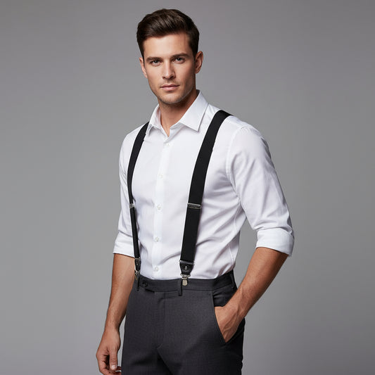 Man wearing a white shirt with black suspenders and dark pants on a gray background