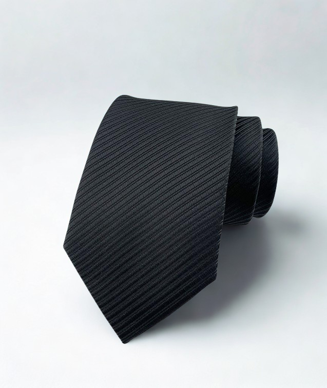 Black striped tie on a light gray background