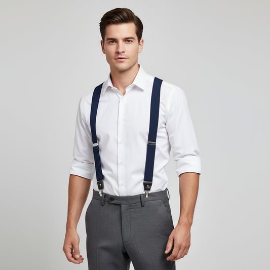 Man wearing a white dress shirt, gray pants, and navy suspenders on a light gray background