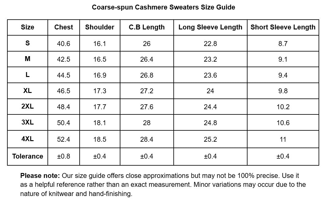 Coarse-spun Cashmere Sweaters Size Guide with measurements for chest, shoulder, C.B.