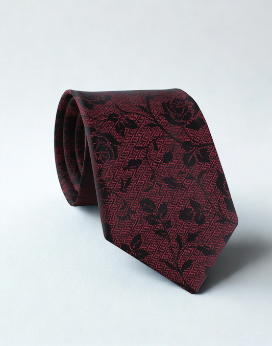 Red tie with black floral pattern on a white background