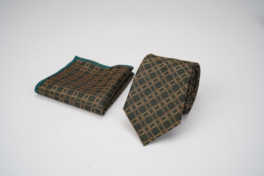 Patterned tie and pocket square on a white background