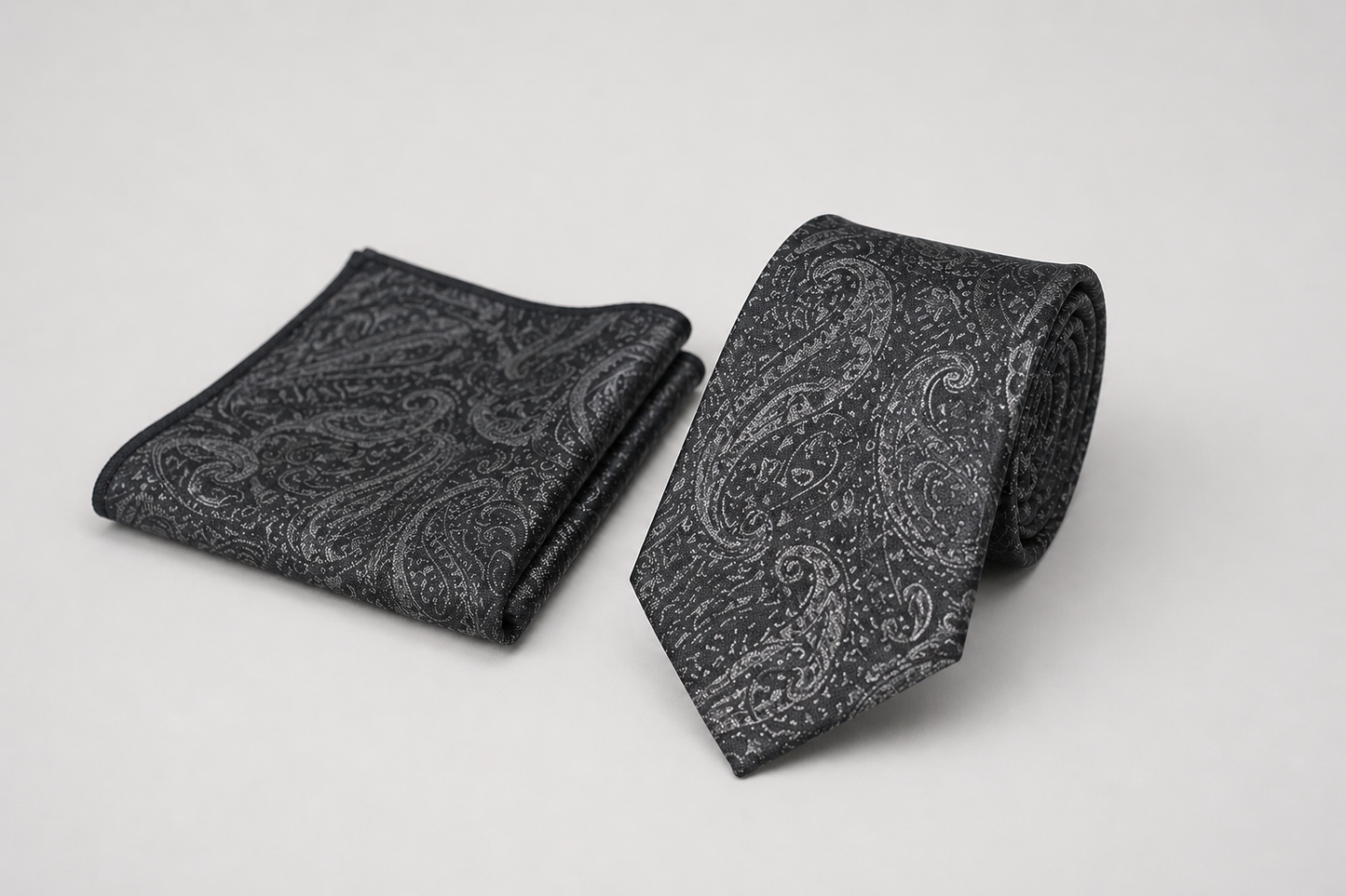 Dark gray tie with matching pocket square