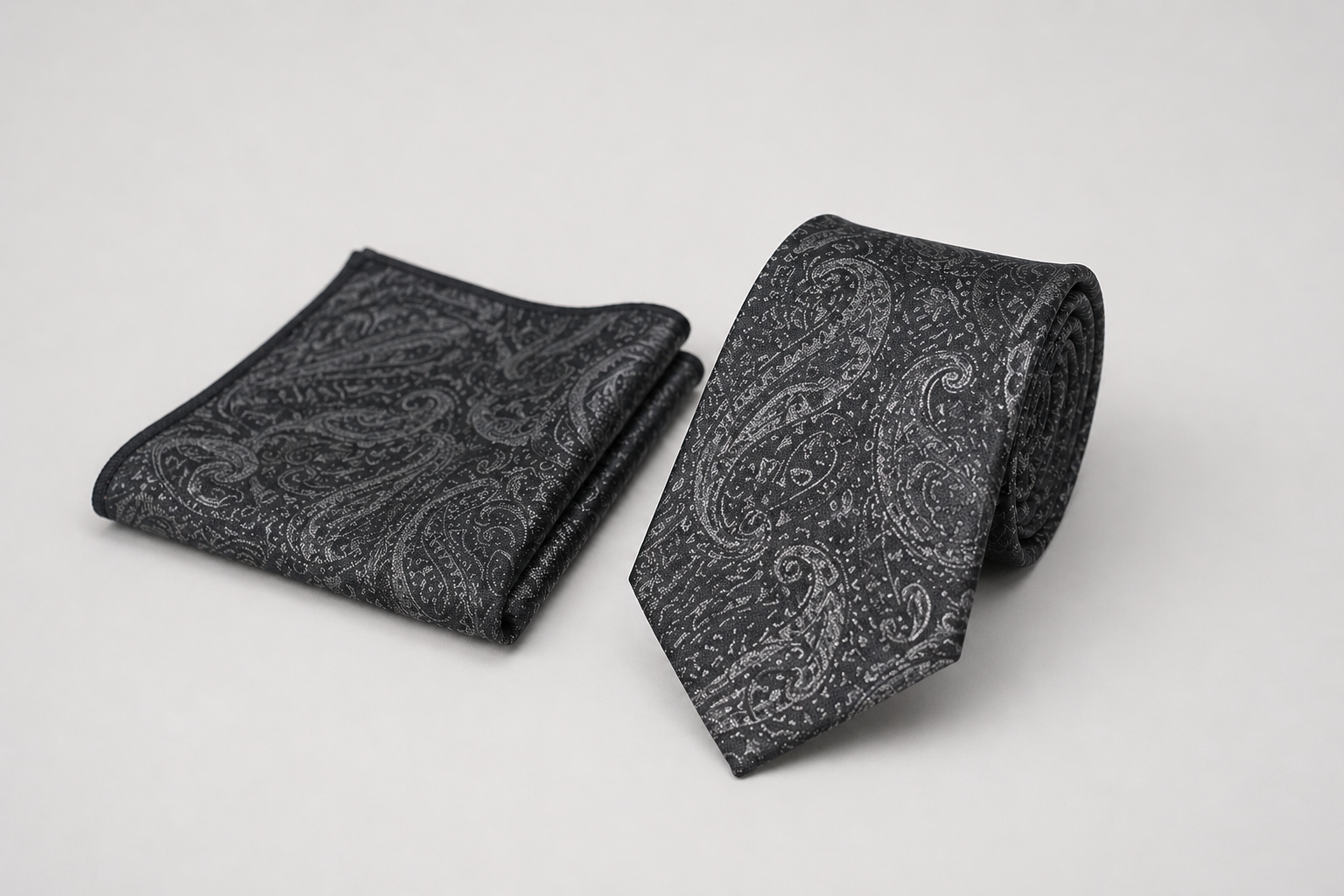 Dark gray tie with matching pocket square