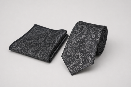Dark gray tie with matching pocket square