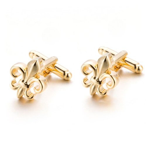 Gold fleur-de-lis cufflinks on a white background