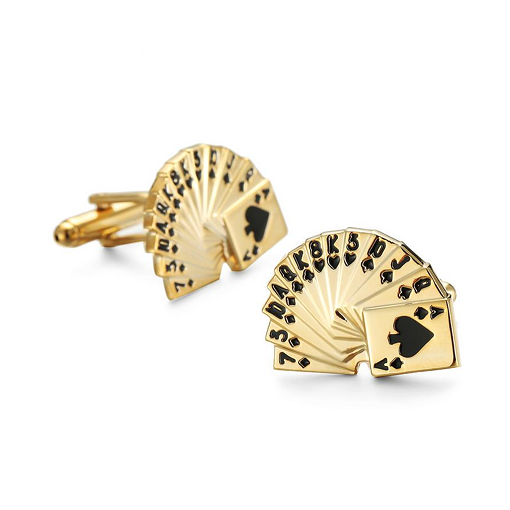 Gold playing card suit cufflinks on a white background