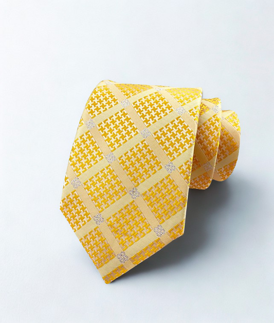 Yellow patterned tie on a light gray background