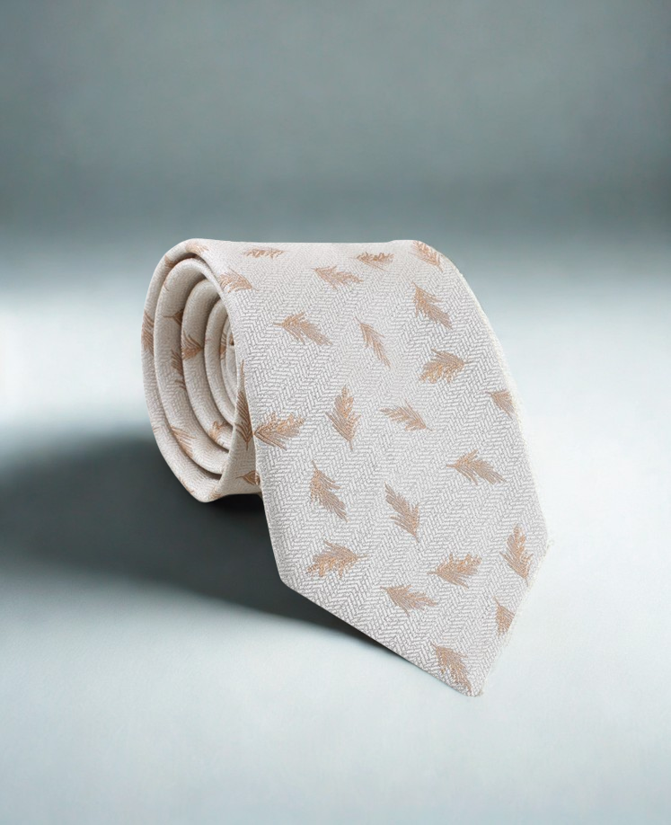 Tie with feather pattern and Ivory as the background.