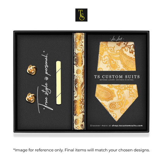 TS Custom Suits packaging with tie, cufflinks, and pen in a black box.