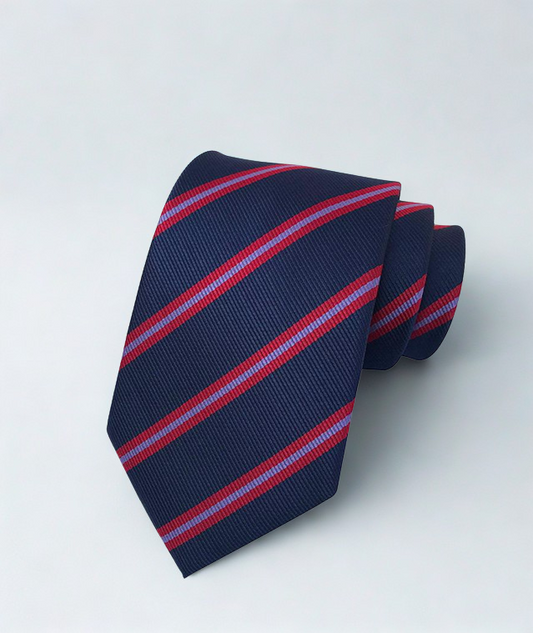 Navy blue tie with red and light blue stripes on a white background