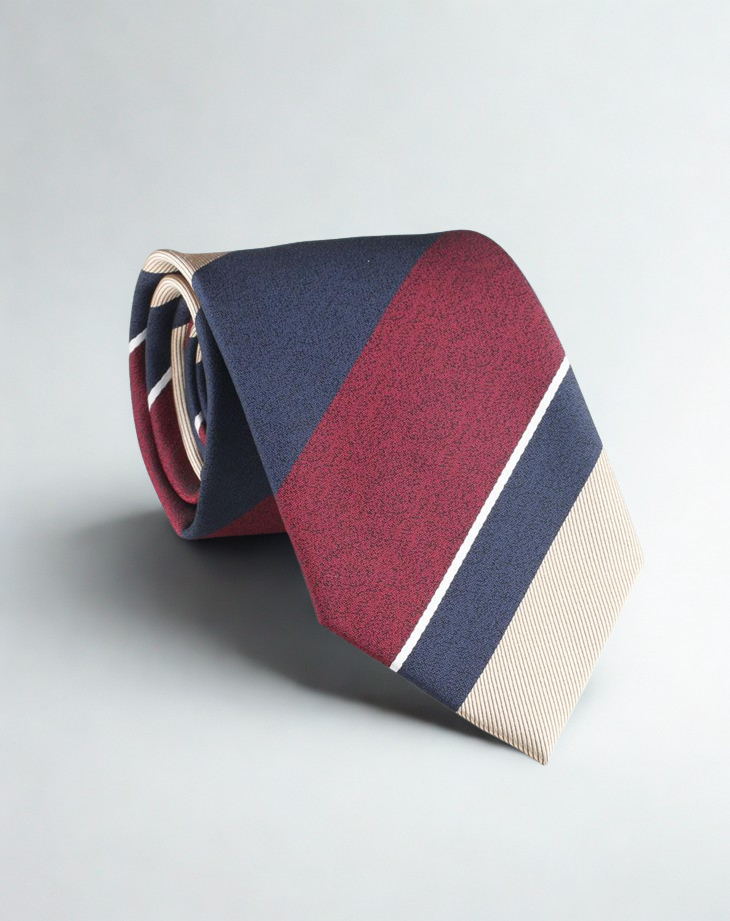 Stripe pattern tie, mix of navy, red and white. With background of beige.