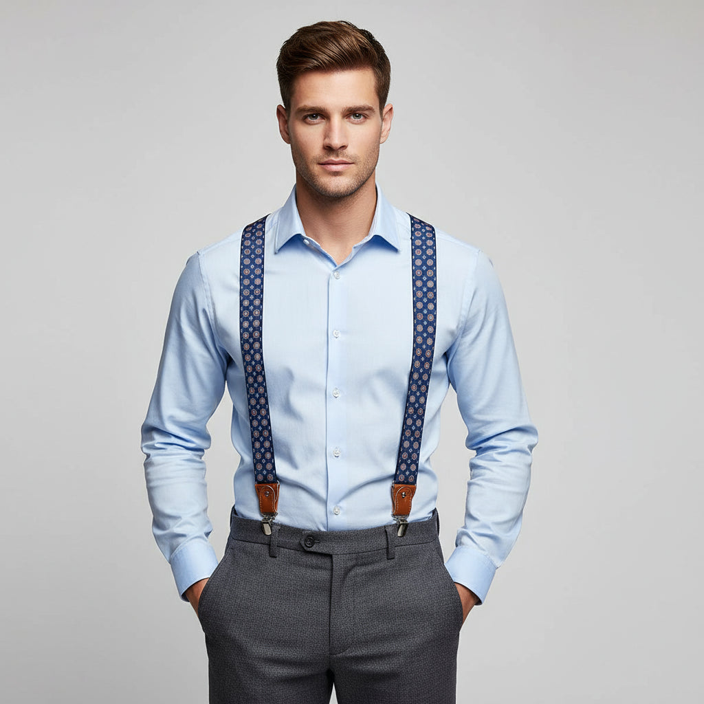 Man wearing a light blue shirt with suspenders and gray pants on a gray background