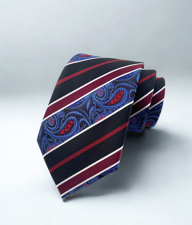 Striped tie with paisley pattern on a light gray background