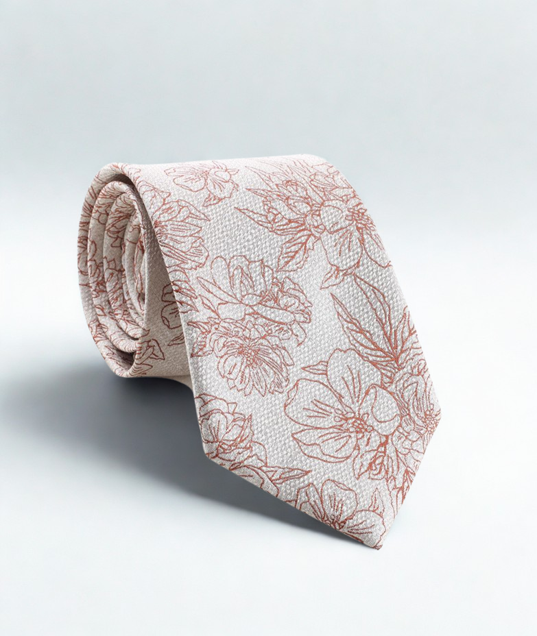 Floral patterned off-white tie on a light gray background
