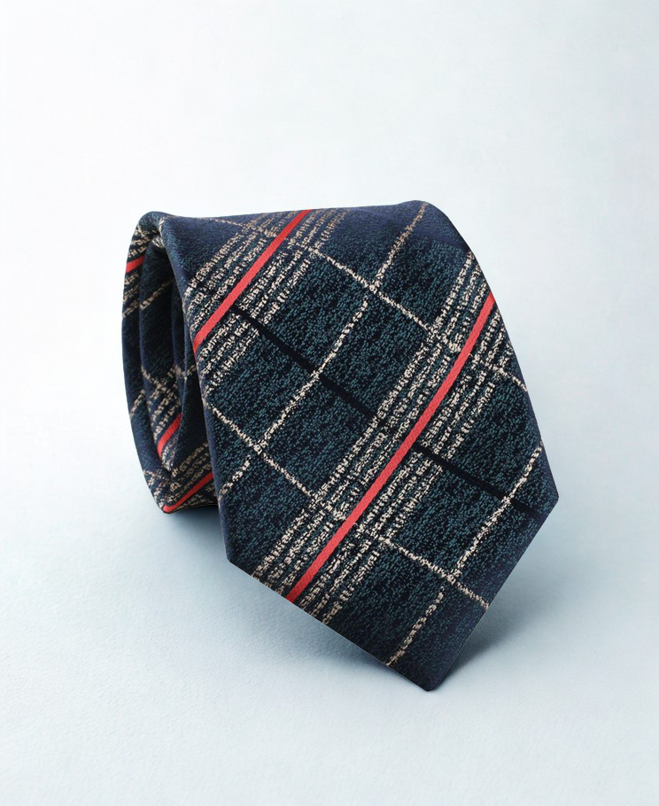Tie with plaid patter, olive base mix with red and white stripe