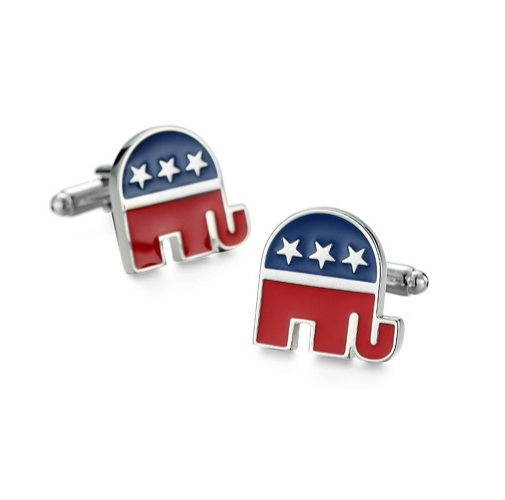 Republican elephant cufflinks with red, blue, and white design on a white background