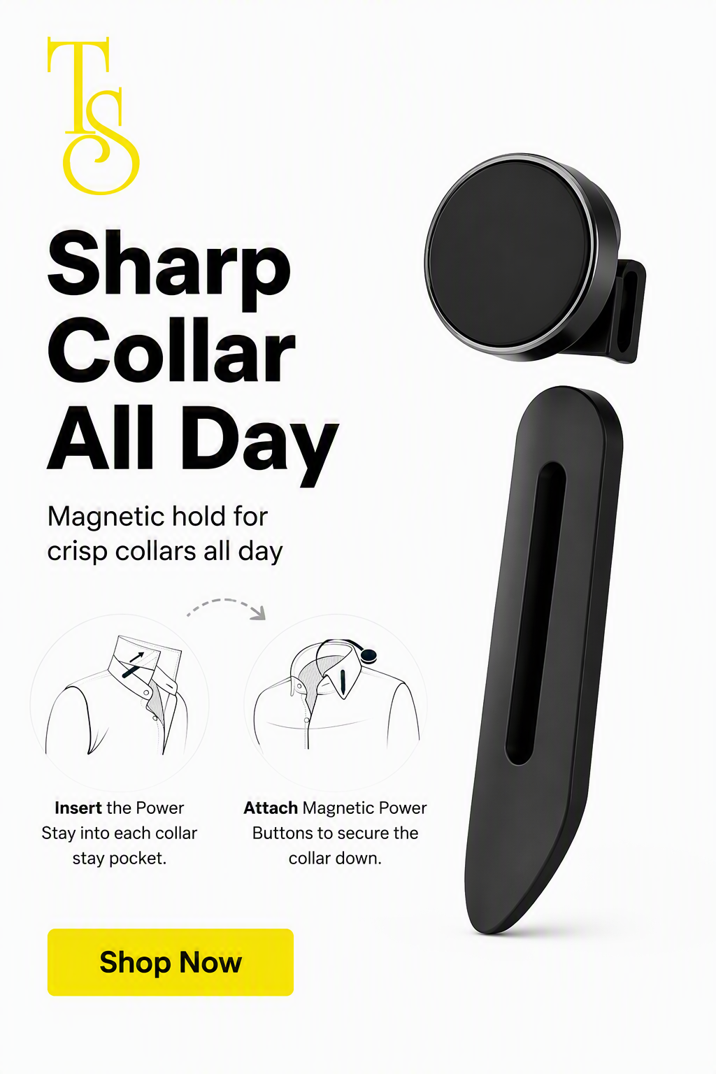 A promotional graphic for a black magnetic sharp collar holder. The right side shows the product from two angles: a circular magnetic top and a long vertical magnetic body.