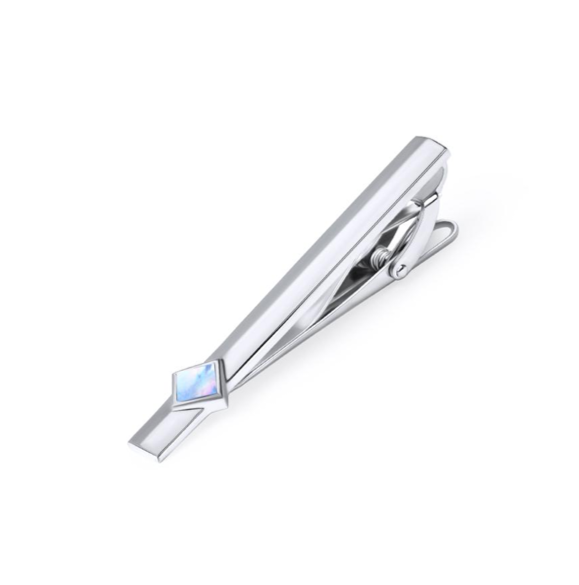 Silver tie bar with a diamond shape pearl.