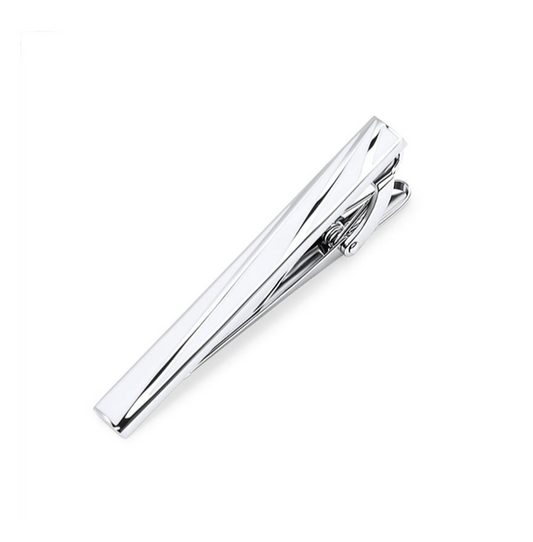 Silver tie clip on a white background