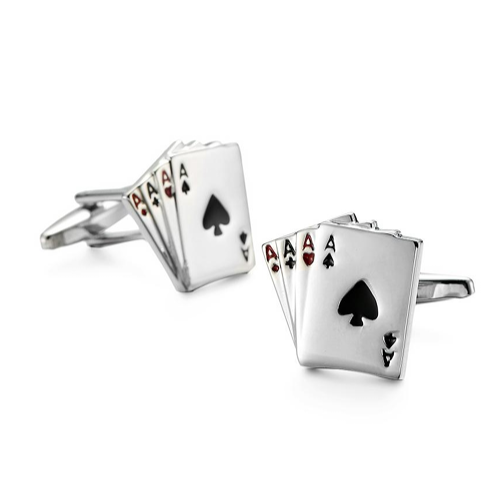 Silver cufflinks with playing card design on a white background