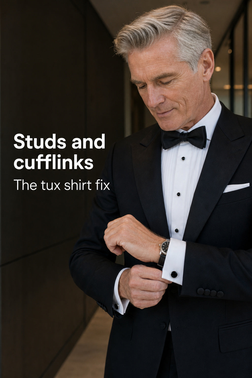 A man in a black tuxedo jacket with a white pleated shirt, black bow tie, and white pocket square adjusts his cufflink. The text on the left reads 'Studs and cufflinks The tux shirt fix'.