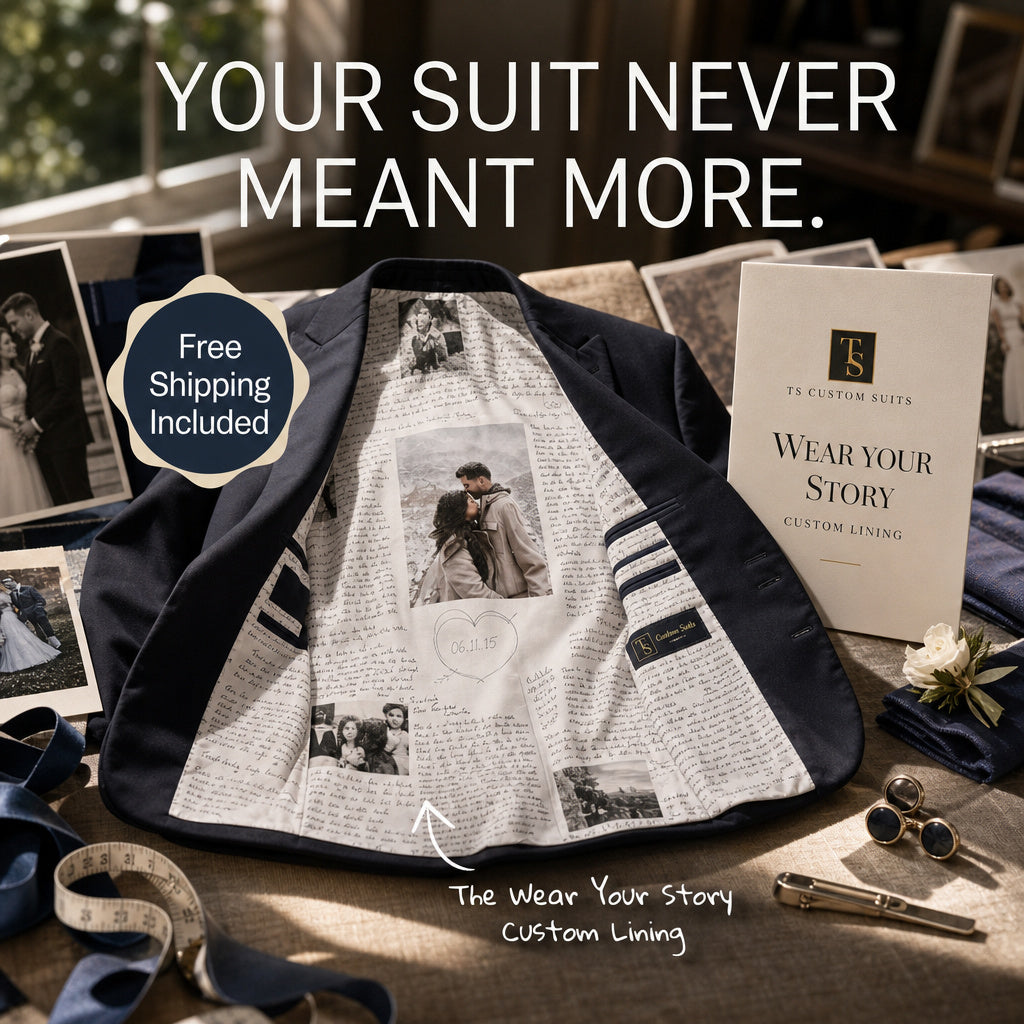 A navy suit jacket is laid flat on a table, opened to show a custom white interior lining printed with photos and text. Surrounding props include a white card reading 'Wear Your Story Custom Fitting,' sunglasses, a pen, a measuring tape, framed photos, and a small flower.