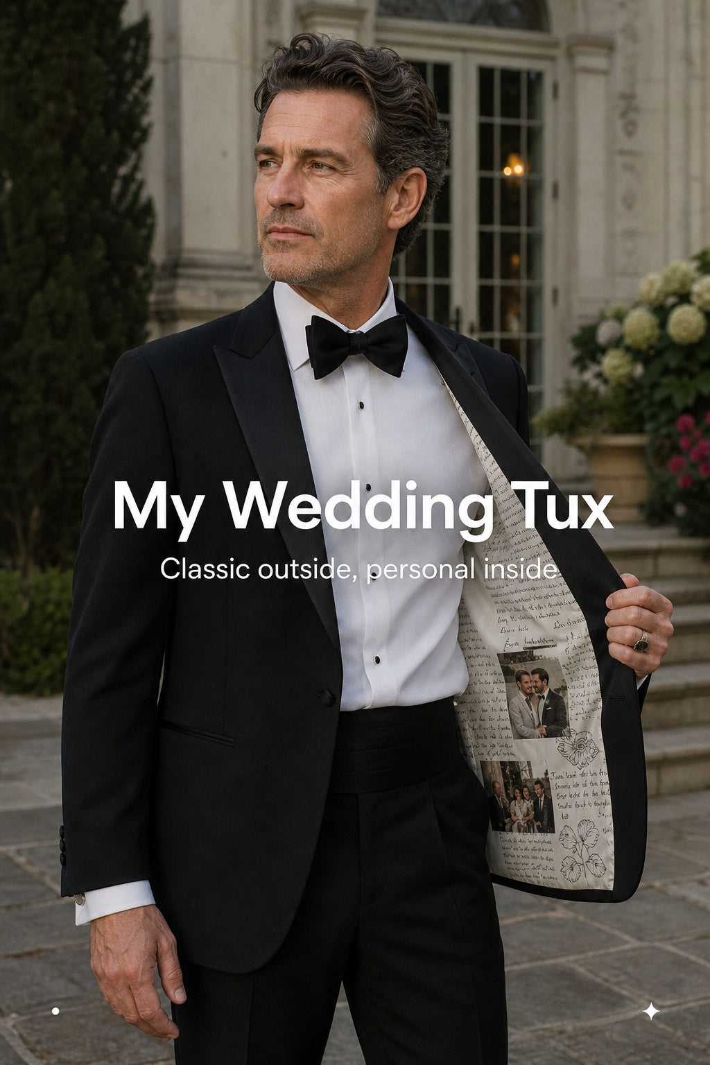 A man wearing a classic black tuxedo with a white dress shirt and black bow tie stands outdoors in front of a stone building, opening his jacket to reveal a personalized interior printed with photos and text. Large text overlay reads 'My Wedding Tux' with smaller text 'Classic outside, personal inside.