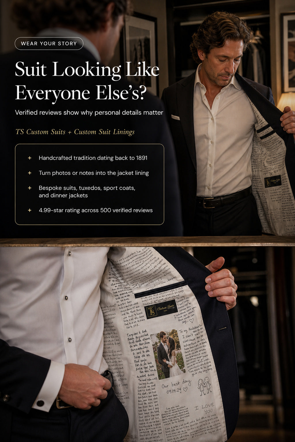 Promotional collage for custom suit linings showing a man opening a dark suit jacket to reveal a printed newspaper-style lining with text and a photo. Large text reads 'Suit Looking Like Everyone Else's?' and 'Wear Your Story,' with product details listed on the left.