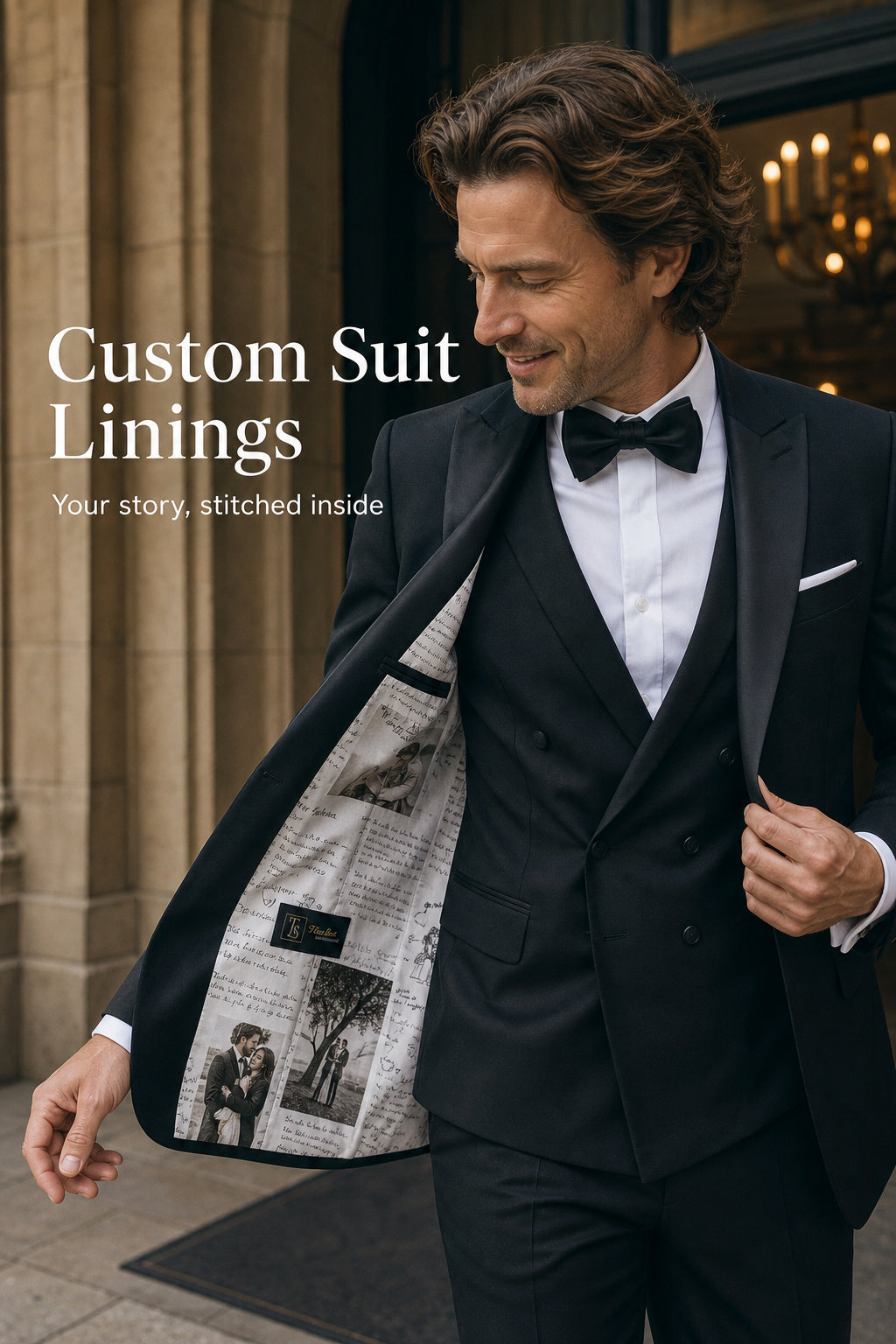 A man wearing a black tuxedo with a white shirt and black bow tie stands in front of a building entrance, opening his jacket to reveal a custom newspaper-print lined interior. Text on the left reads 'Custom Suit Linings' with the subtitle 'Your story, stitched inside.