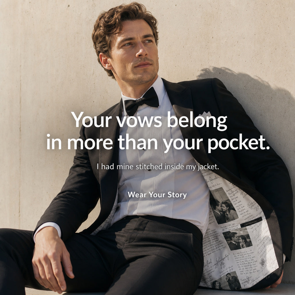 A man in a black tuxedo jacket, white shirt, and black bow tie leans against a light concrete wall. White text overlays the center of the photo, reading, 'Your vows belong in more than your pocket.