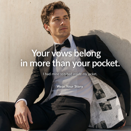 A man in a black tuxedo jacket, white shirt, and black bow tie leans against a light concrete wall. White text overlays the center of the photo, reading, 'Your vows belong in more than your pocket.