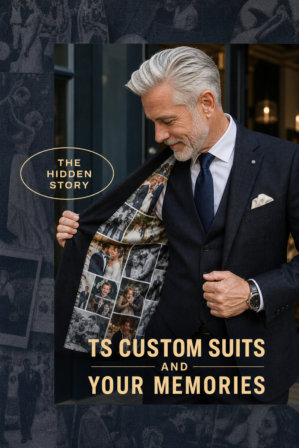 A man in a dark navy suit and tie stands in front of a building entrance, opening his jacket to reveal a custom photo-printed lining with multiple portrait photos. Text on the image reads 'THE HIDDEN STORY' and 'TS CUSTOM SUITS AND YOUR MEMORIES'.