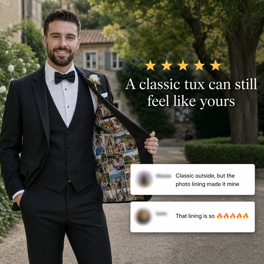 A man in a black tuxedo stands outdoors holding open a suit jacket to reveal a personalized photo collage lining. Text on the image reads 'A classic tux can still feel like yours' with five stars, and two customer review bubbles appear on the right.