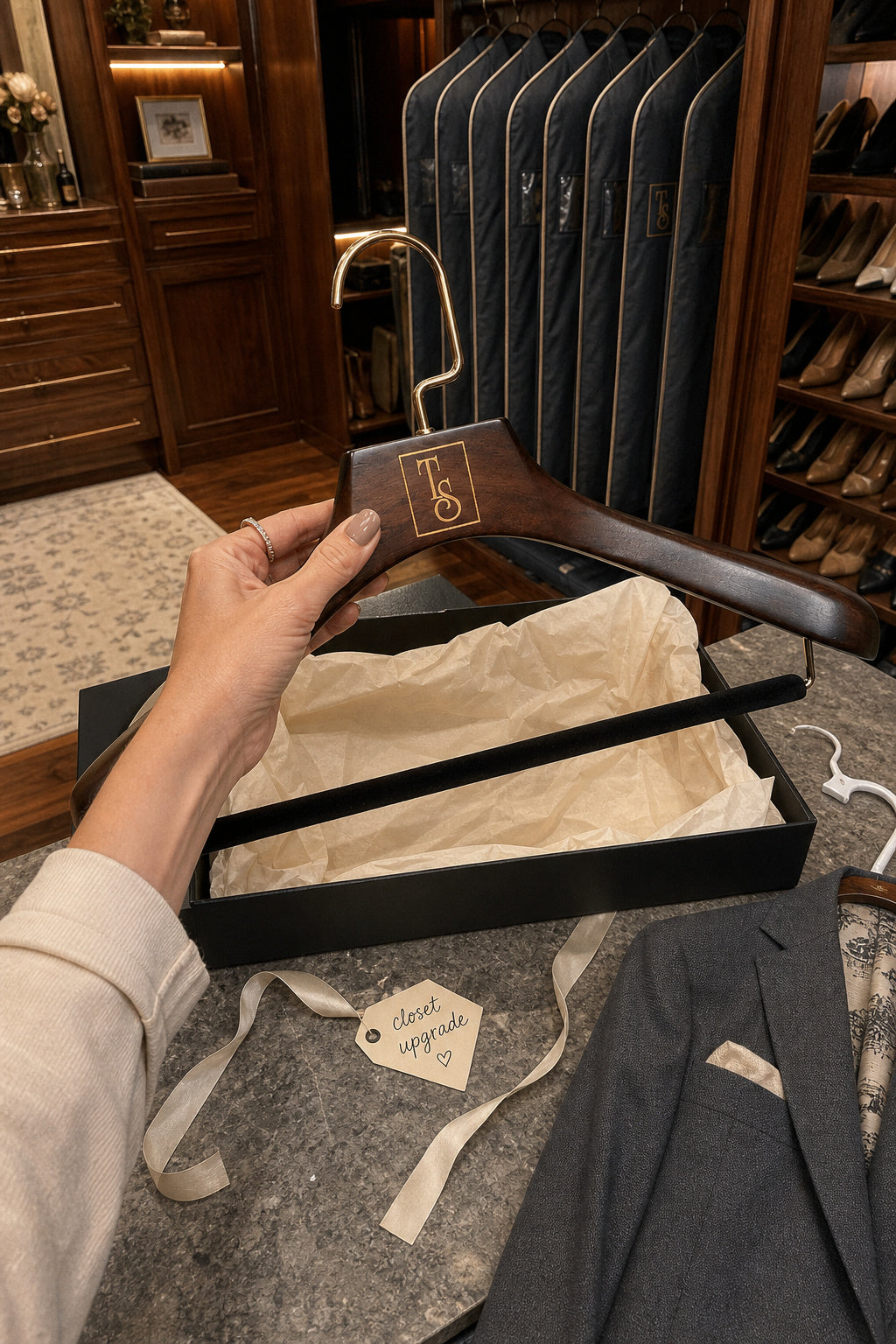 A hand holds a dark wood hanger with a gold-tone metal hook and a gold monogram logo on the shoulder, positioned over an open black presentation box lined with beige tissue paper. A gray suit jacket and a fabric tag are visible in the foreground, with a clothing closet and hanging garments in the background.
