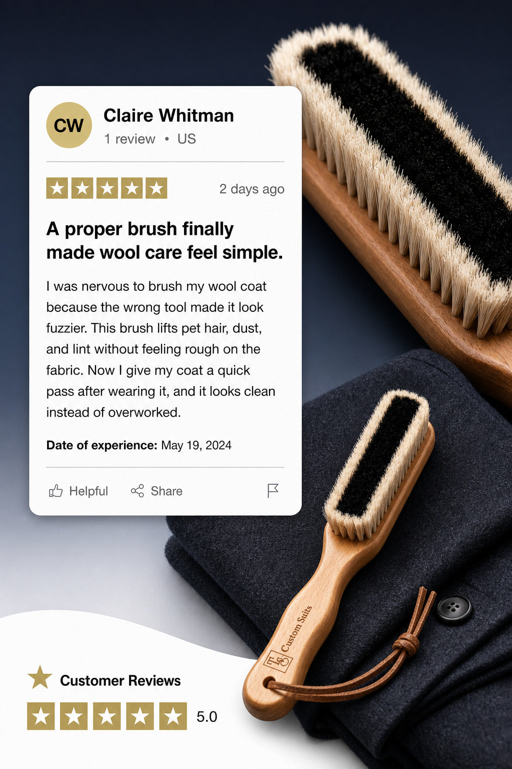A wooden-handled wool care brush with black bristles and a brown leather loop, shown alongside a customer review card and a star rating graphic on a dark navy fabric background.