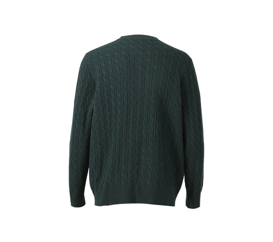 Dark green cable knit cashmere sweater on a white background