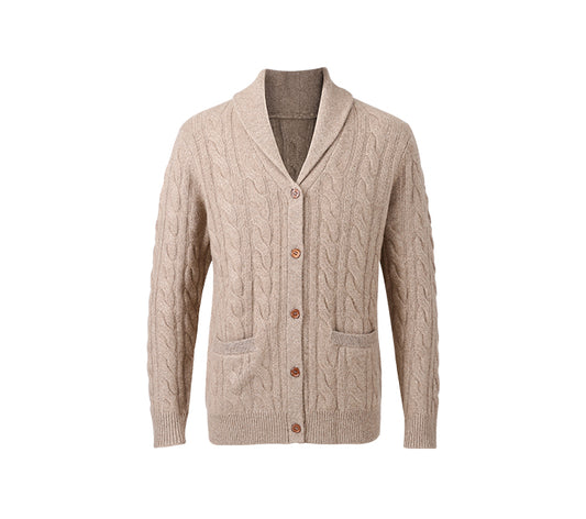 Beige cable knit cardigan with button details on a white background