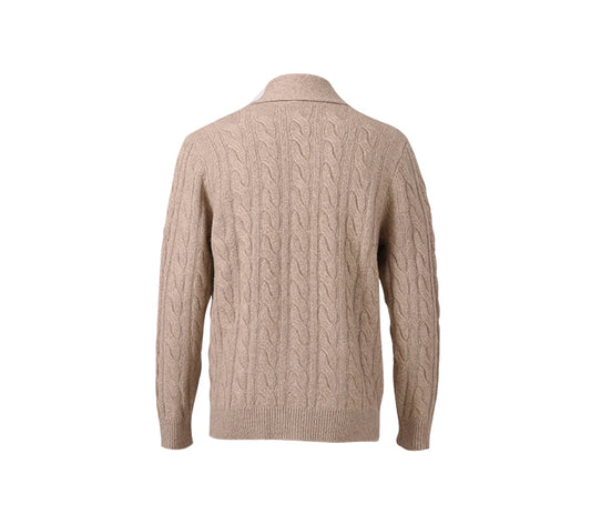 Back view of Beige cable knit sweater on a white background