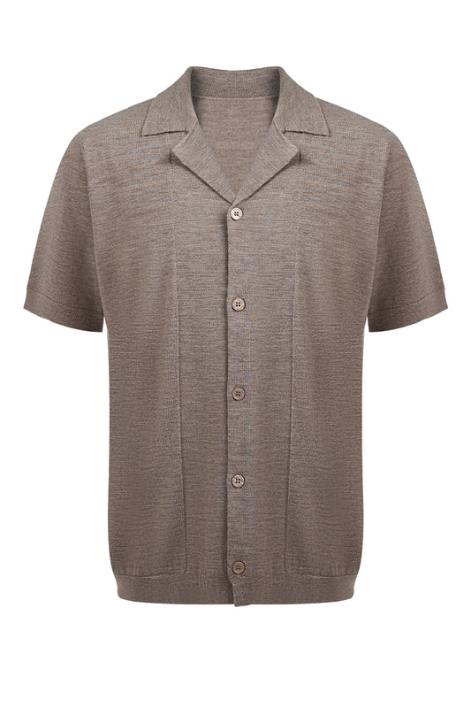 Brown short-sleeve cardigan with button details on a white background