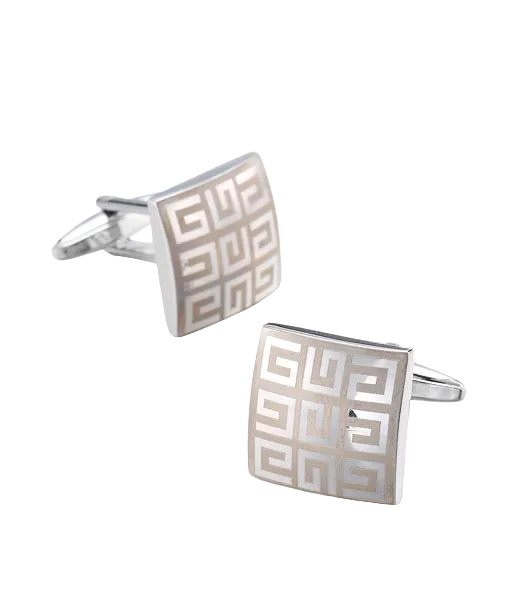 Pair of square cufflinks with a geometric pattern on a white background