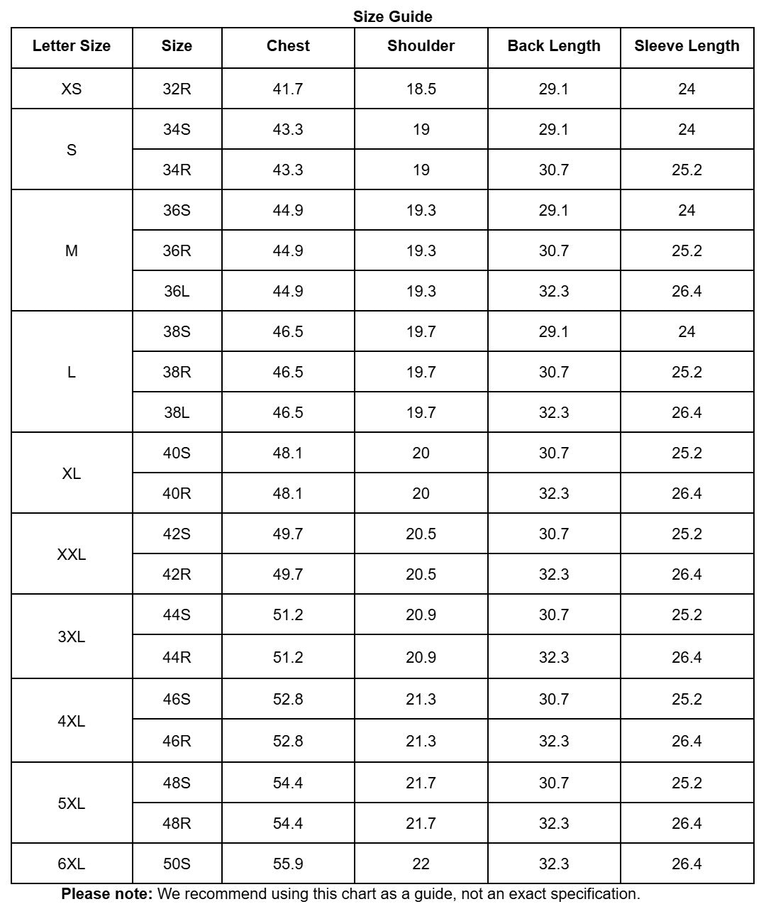 Size guide chart for clothing measurements in centimeters