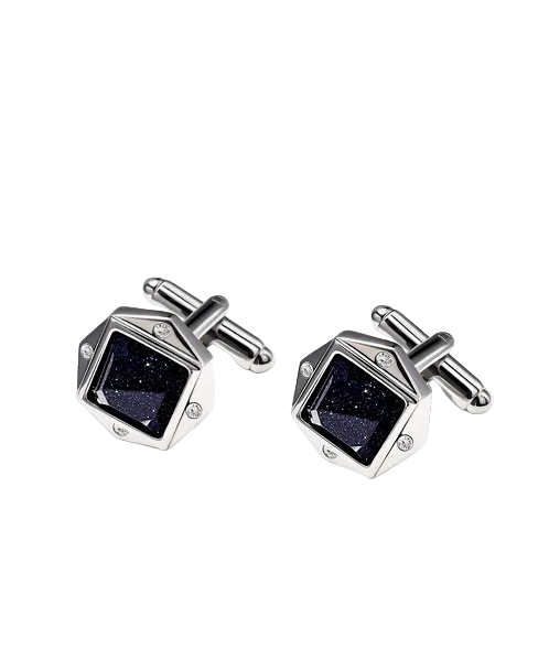 Hexagonal cufflinks with dark gemstones on a white background