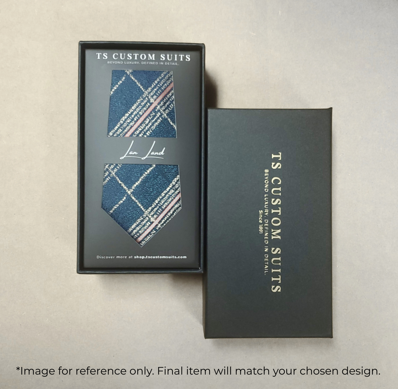 TS Custom Suits tie packaging with a blue plaid tie design on a beige background
