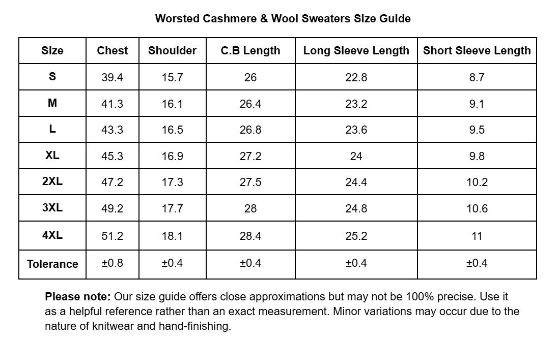 Worsted Cashmere & Wool Sweaters Size Guide with measurements for chest, shoulder, center back length, long sleeve length, and short sleeve length.
