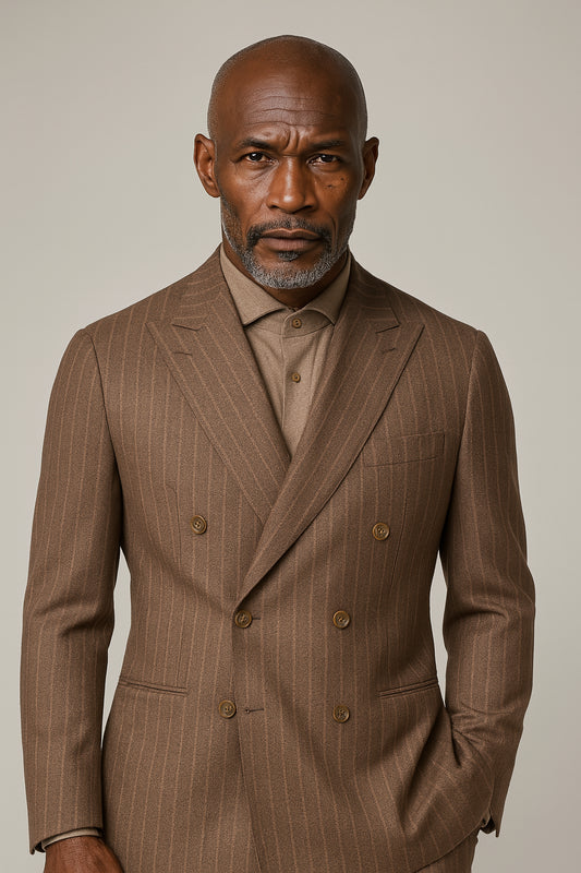 The Boardroom Baron Double-Breasted Suit | Brown Pinstripe Suit