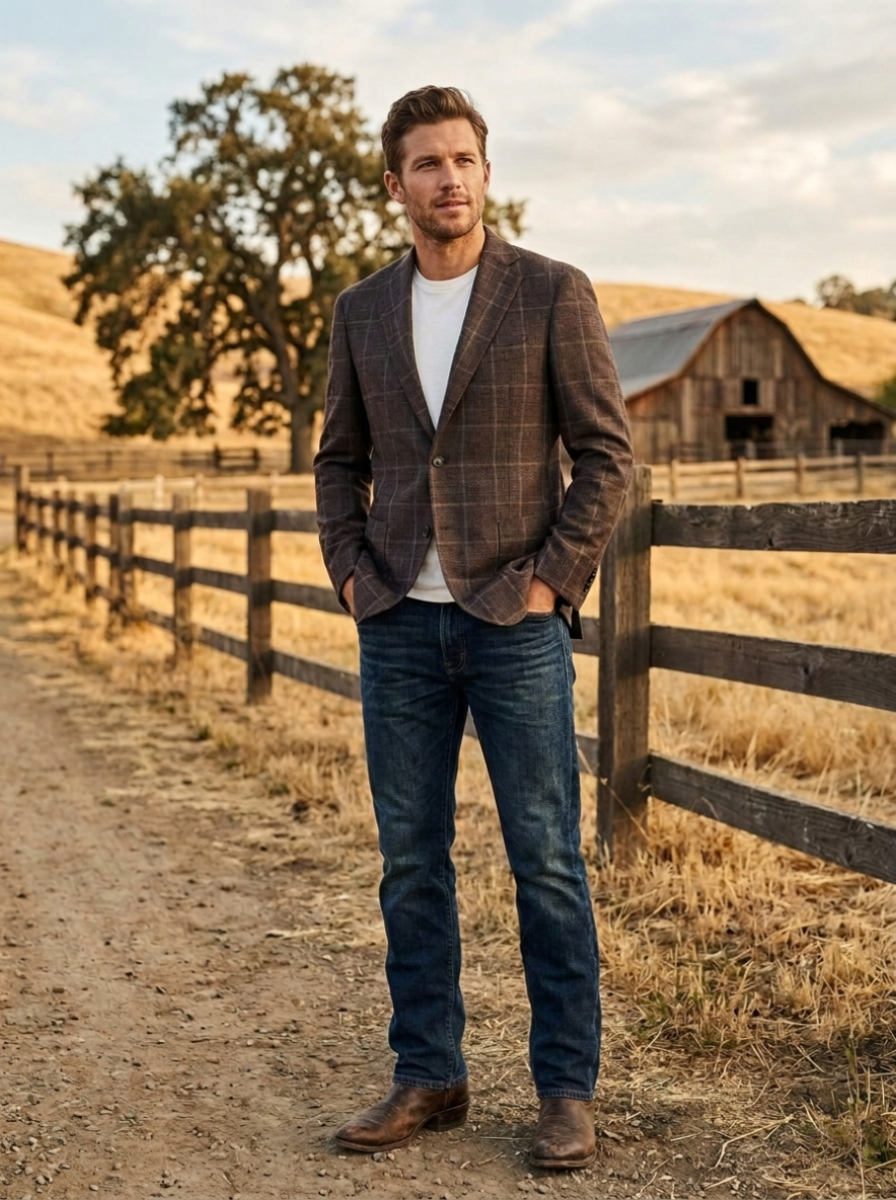 Man standing in a rural setting with a barn and wooden fence in the background
